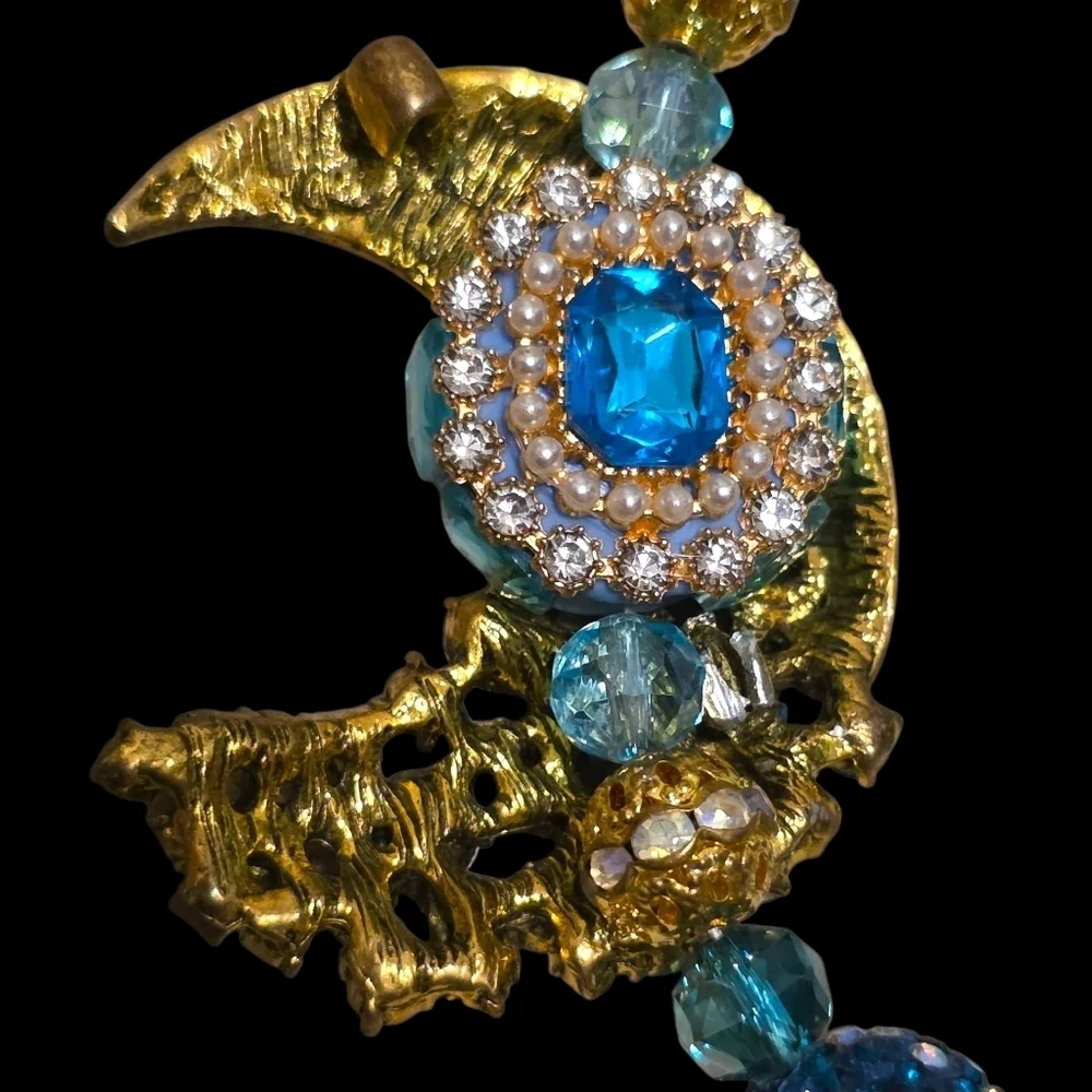Blue and Gold Moon and Star Beaded Bag Charm